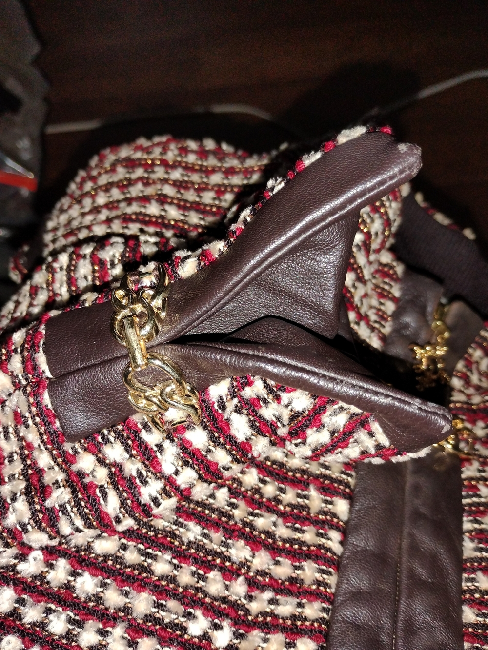 St John 10/12 Burgundy Cream Brown Boucle Knit Jacket Brown Leather Pants Suit - Picture 13 of 14